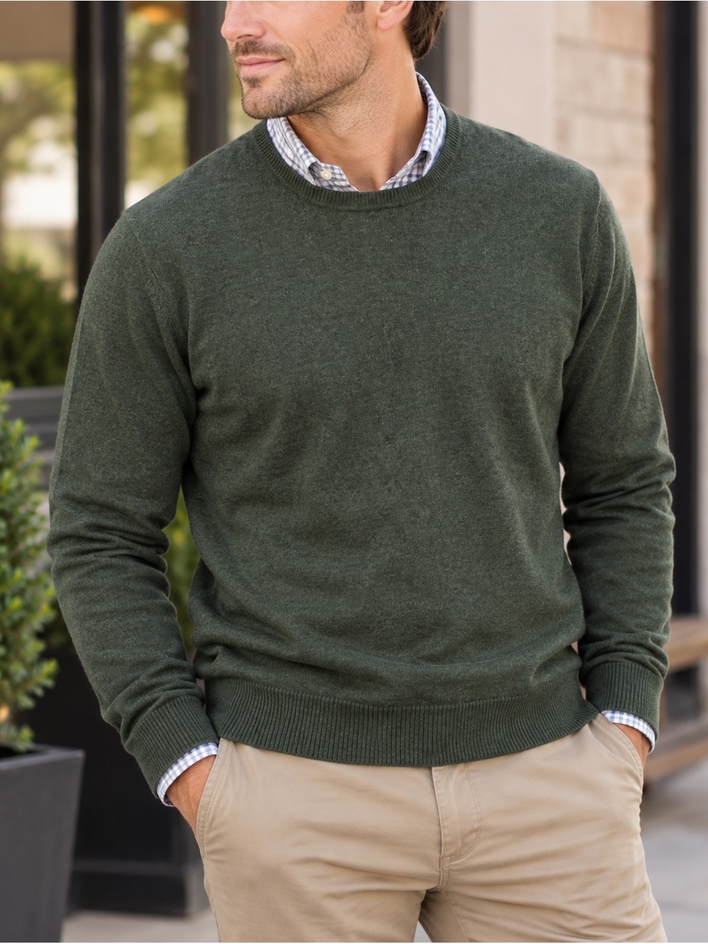 Cortefiel Men’s Cotton Cashmere Crewneck Sweater Green Size L